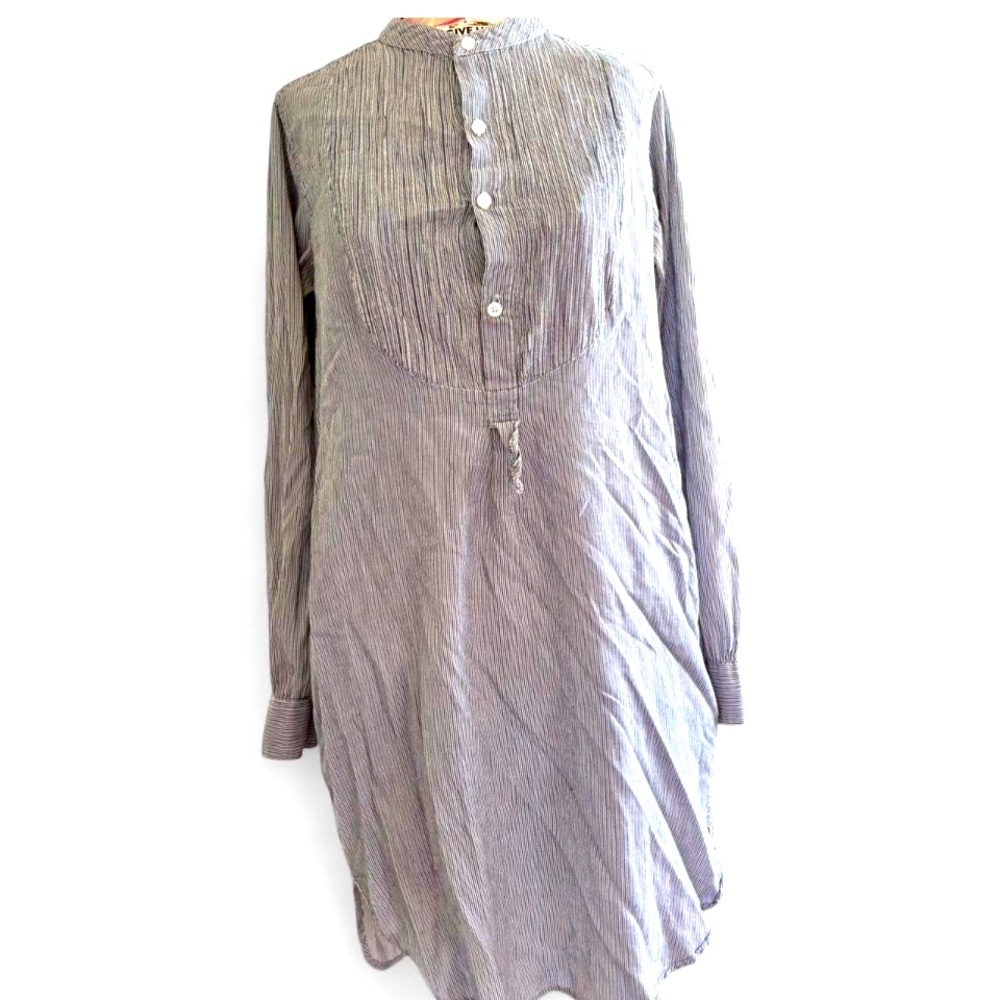 Antik Batik blue and white striped cotton dress button up, long sleeves, pockets